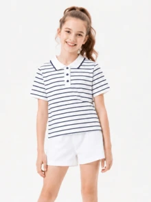 Balabala 2026 Girls Summer Cute Soft Lightweight Short Sleeve Polo Shirt - Blue and White - View 1