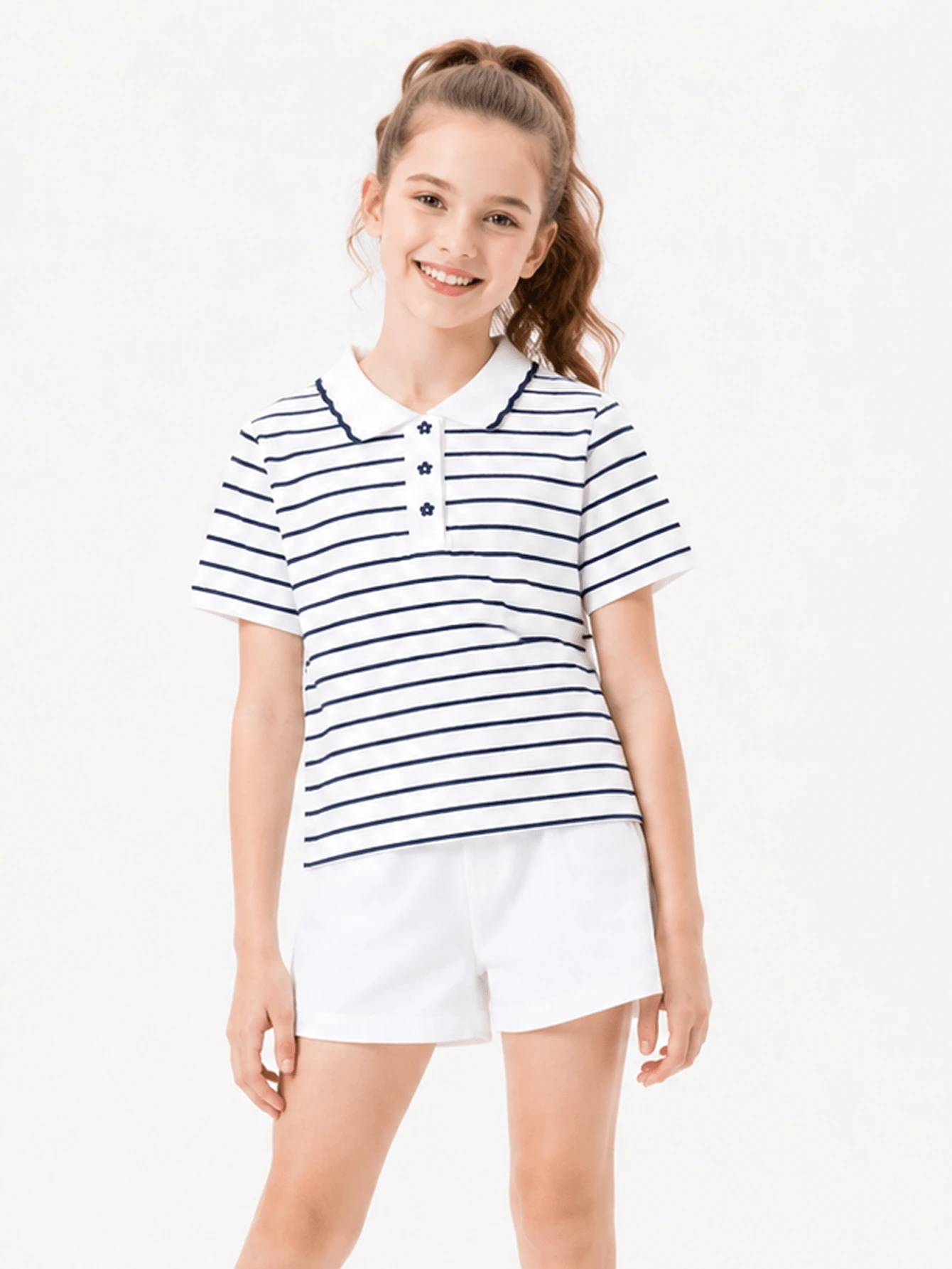 Balabala 2026 Girls Summer Cute Soft Lightweight Short Sleeve Polo Shirt - Blue and White - View 1