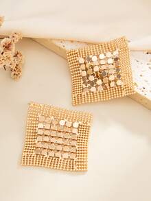 1 Pair Metal Mesh Earrings, Fashion Metal Rhinestone Sequin Tassel Earrings, Exaggerated Metal Plate Earrings, Gold Earrings - Gold - View 3