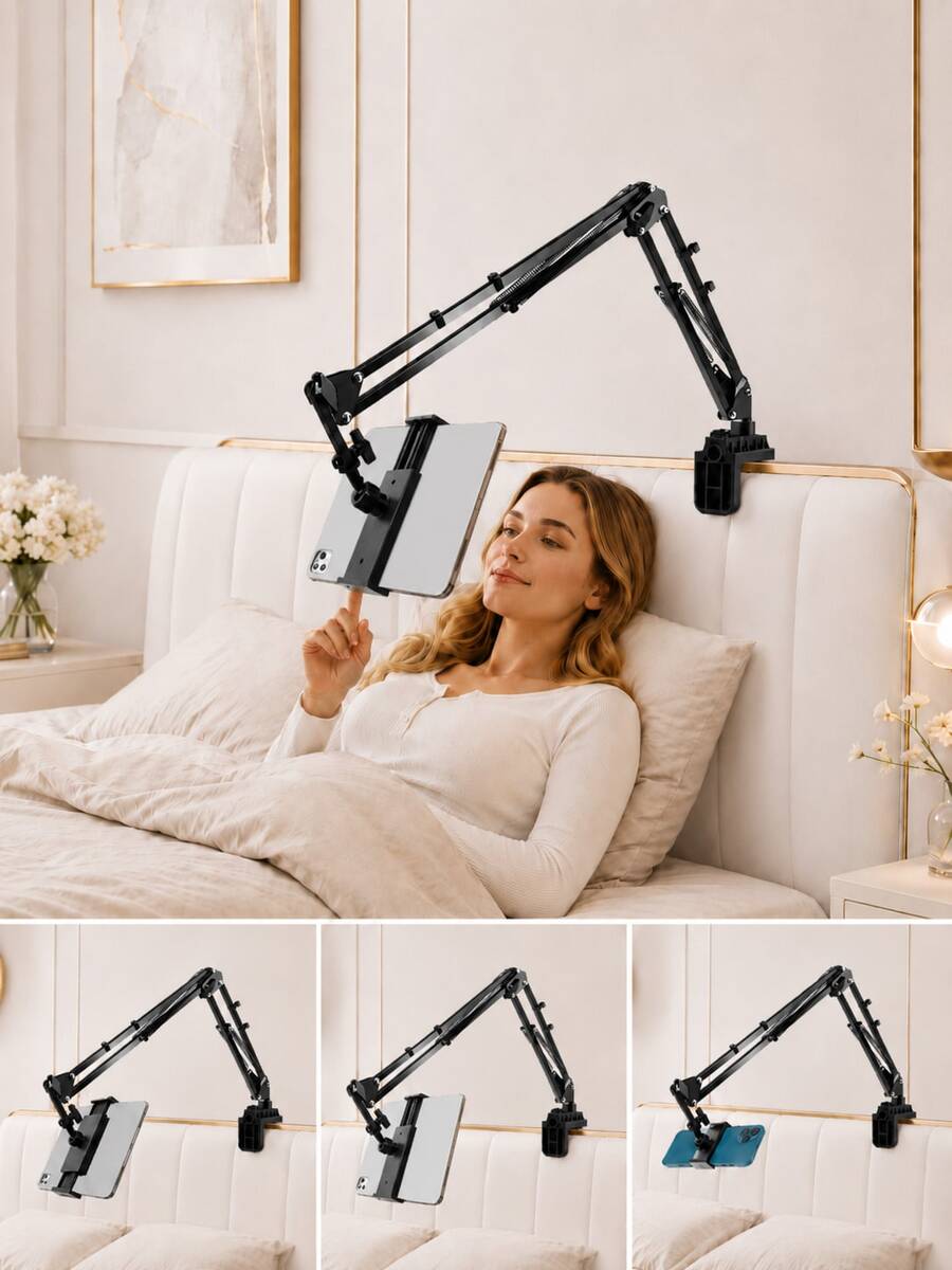 Bed Tablet Holder, Adjustable Long Arm Phone Clamp, 360° Rotating Slouchy Arm Metal Clamp Mount, Foldable Overhead Smartphone & Tablet Stand For Desk Bedside Bed Edge, Recording Live Streaming, Hands-Free Viewing, For 4-13 Inch Devices Kindle