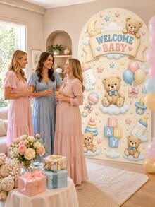1 Set Welcome Baby Arch Door Banner Decoration, Teddy Bear Balloon Baby Bottle Print Photo Backdrop, Baby Shower Party Room Decor Supplies - C - View 8