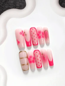 10入韓系甜美手工穿戴甲，Polygel美甲套組，花瓣設計，粉色與金色指甲油，夏季清新美學風，含美甲工具，3種尺寸可選，杏仁/鴨嘴/棺材形，適合派對、跳舞、日常配戴 - 彩色 - 查看 4