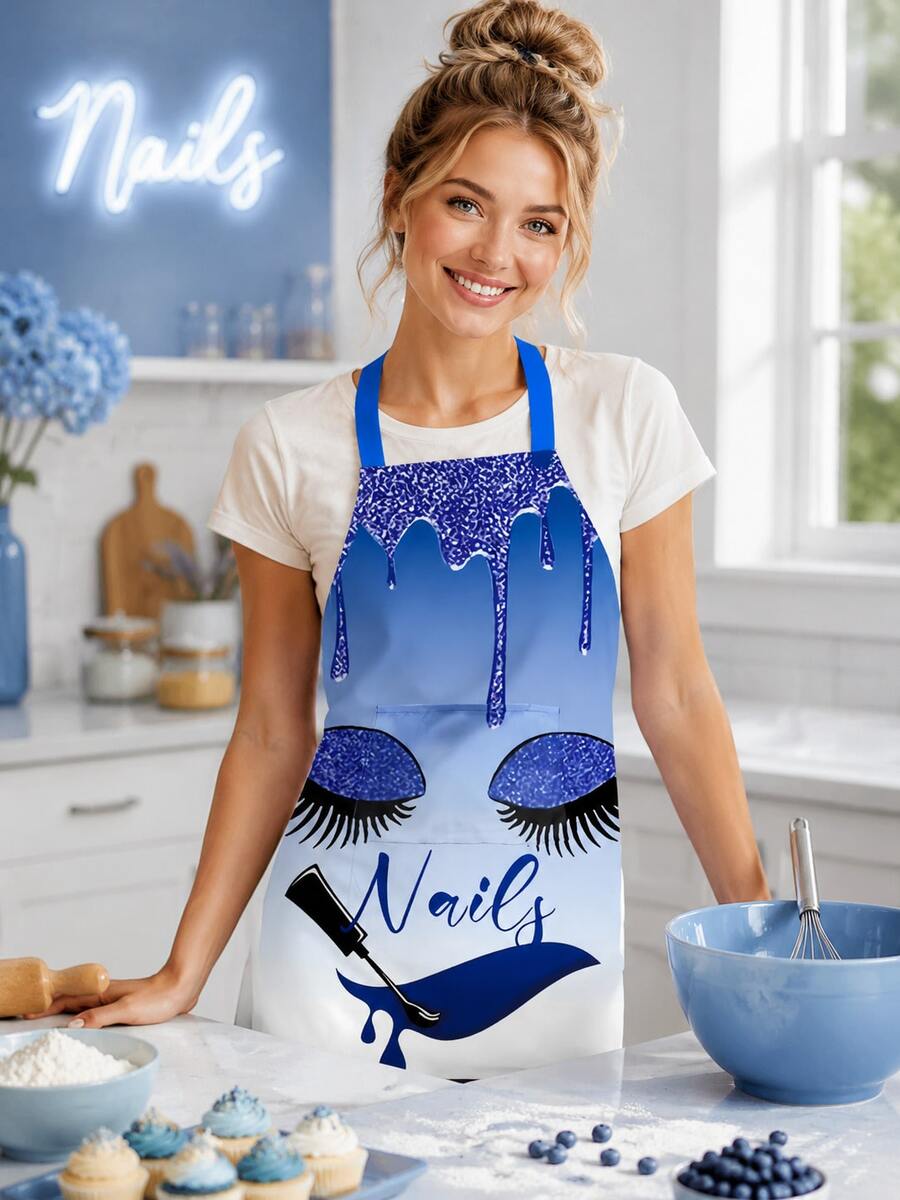 Women Blue Nail Design Apron, Waterproof Bib Apron With Adjustable Straps, Cute Beauty Salon Nail Technician Workwear, Kitchen Cooking Baking Craft Apron With Pocket - Multicolor - View 1