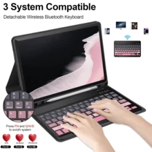 Funda protectora de teclado 4 en 1, compatible con Samsung Galaxy Tab e iPad, iPad SE, incluye teclado inalámbrico Bluetooth desmontable (150mAh) y ratón, funda protectora para tableta con ranura para bolígrafo (degradado negro y rosa) - Degradado negro y rosa - Ver 2