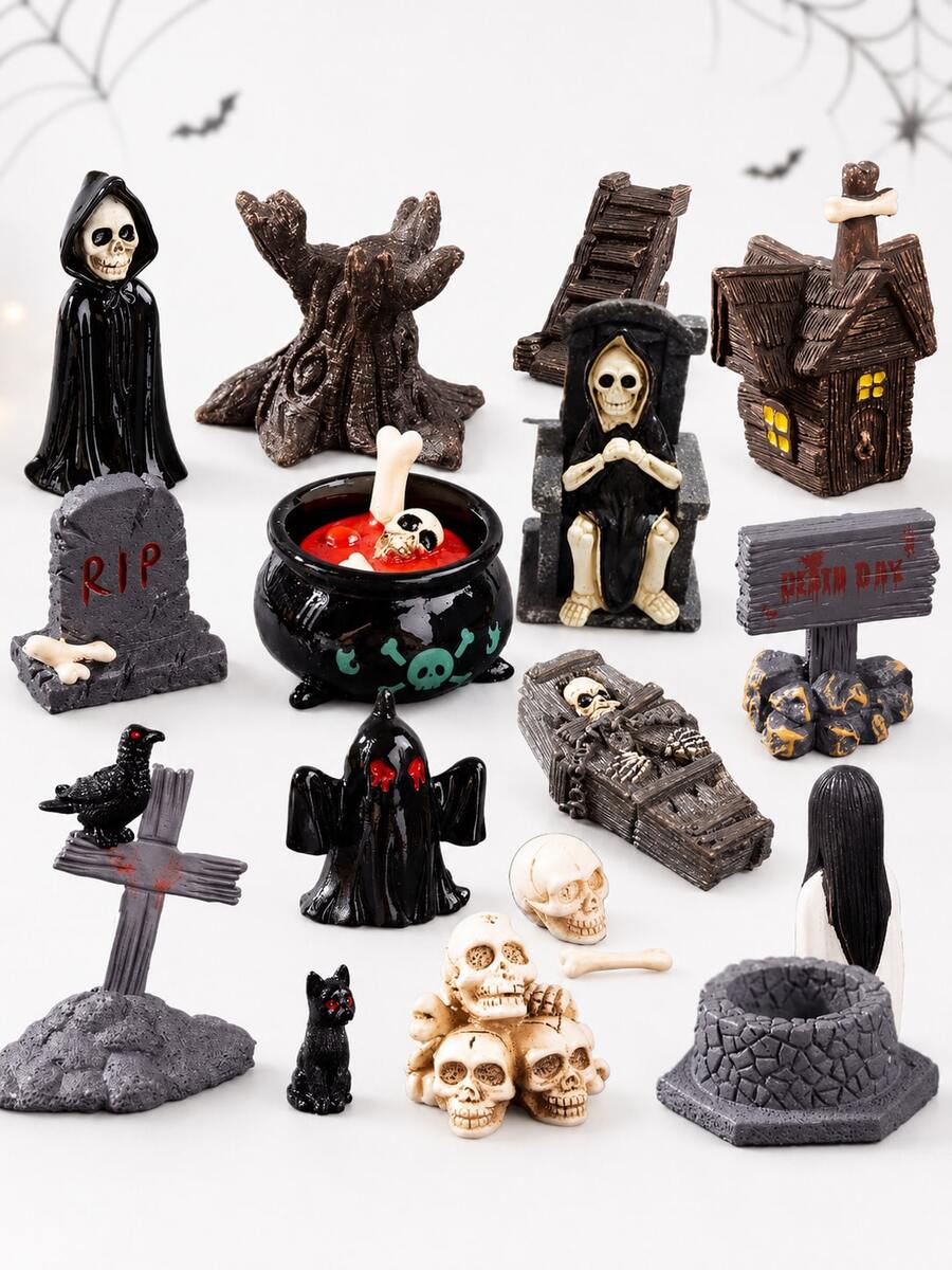 15pcs Halloween Mini Figurines Creative Miniature Skull Crow Tombstone Scene Decoration Set, Halloween Horror Village Decor, Suitable For Halloween, Horror Theme Party, Party Gift Fillers, Tabletop Decor, Home Decor - Multicolor - View 1