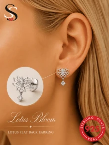 SereneSpark 1 pièce Boucles d'oreilles pendantes en argent sterling 925 avec pendentif lotus, boucles d'oreilles pendantes hypoallergéniques en zircone pour femmes, bijou d'oreille percé élégant cadeau - Argent - Voir 1