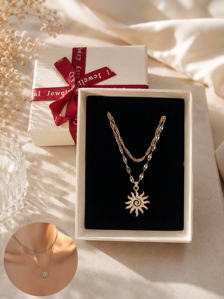 1pc Gold-Tone Copper Zirconia Sun Pendant Double Layer Necklace For Women, Daily Wear, Date, Vacation, Gift