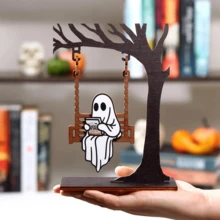 1pc Wooden Ghost On Swing - Ghost Reading Decor, Halloween Decoration, Library Sign, Autumn Decor, Bookshelf Decor, Book Lover Gift, Book Corner Decoration To Add A Touch Of Fantasy To Your Bookshelf - Ghost - View 6