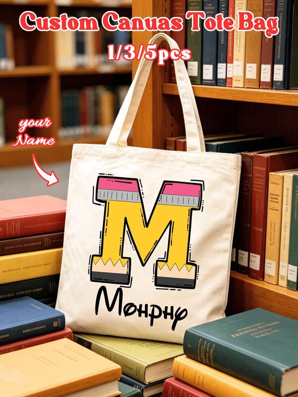 Customizable 26 A-Z Pencil Initial Monogram Canvas Tote Bag Personalized Custom Name Large Reusable Shoulder Handbag, Back To School Book Carry Bag, Perfect Birthday Holiday Gift For Kids Students Elementary School Teachers Classroom Daily Bag