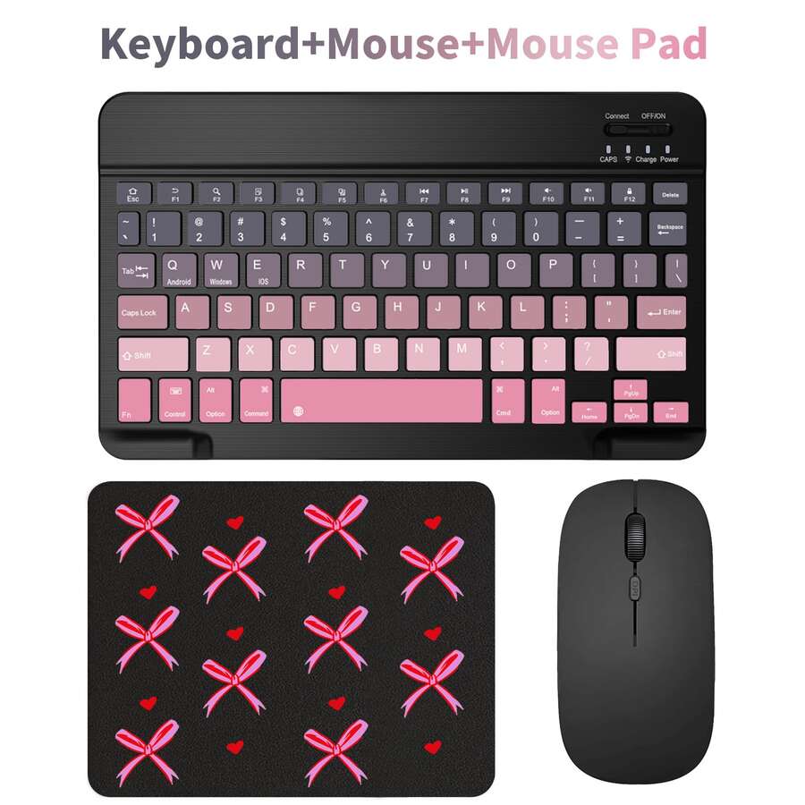 Bluetooth Keyboard Mouse Set, Portable Wireless Keyboard (150mAh), Compatible With Samsung Tablets, Apple IPad (IOS 13 And Above), Android Smartphones, Windows Systems (Black/Pink)