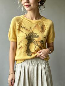 Women's Simple Knit Short Sleeve Top For Daily Wear, Autumn/Winter Yellow Summer - Yellow - View 3