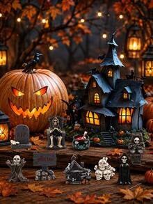 15pcs Halloween Mini Figurines Creative Miniature Skull Crow Tombstone Scene Decoration Set, Halloween Horror Village Decor, Suitable For Halloween, Horror Theme Party, Party Gift Fillers, Tabletop Decor, Home Decor - Multicolor - View 5
