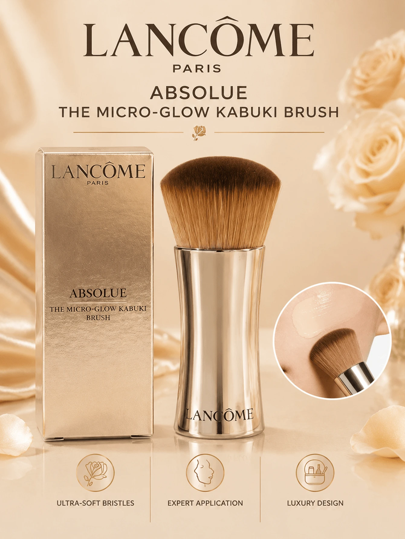 Lancôme 蘭蔻全新純淨底妝刷，超柔軟密實刷毛，完美遮瑕底妝，輕巧便攜，優雅銀色金屬手柄設計，適合日常使用