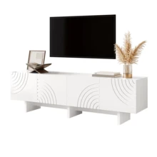 Modern TV Cabinet With 4 Doors / Arched Design / Made Of MDF / Cable Opening / Relief Decorations / For Living Room, Bedroom, Entertainment Area, White - 白色 - 查看 6