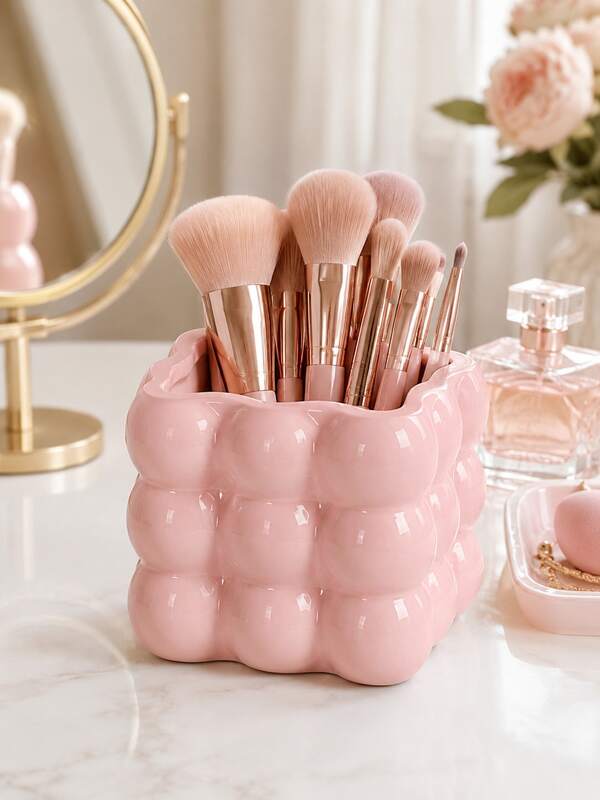 1 Stück süßer Make-up-Pinselhalter aus Harz mit Blasenstruktur, ästhetische Kosmetik-Aufbewahrungsbox für den Schminktisch, glänzender Organizer-Becher für Make-up-Pinsel, Lippenstift und Stifte, Dekoration für Schlafzimmer- und Badezimmer-Waschtisch, Desktop-Aufbewahrungsregal, süßes Raumdekor-Geschenk für Frauen und Teenager-Mädchen