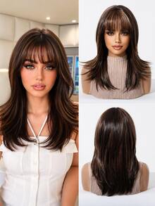 FIVE STARS Fashionable 16-Inch Gray Highlights Straight Synthetic Wigs With Neat Bangs: Natural-Looking And Heat Resistant For Party Cosplay Daily Use - Multicolor - View 12