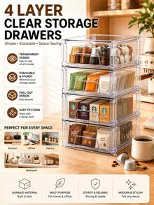 4pcs Transparent Stackable Drawer Storage Boxes, Clear Pull-Out Organizer Bins, Suitable For Cosmetics, Bathroom Vanity, Desk, Kitchen Cabinet, Office - Clear - View 5