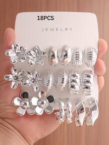 3 Pairs/9 Pairs Sweet Cool Silver Flower Earrings Set, Twisted Textured Asymmetrical C-Hoop Multi-Style Combination, Vintage Niche Design Metal Earrings, Versatile For Daily Commute, Party, Date, Layered Wear To Enhance Outfit Layering, High-Quality Texture, Unique Style - Gold - View 2