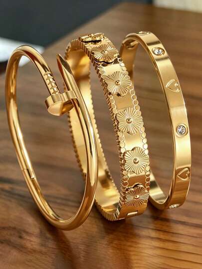 3/1pc 18K Gold Plated Stainless Steel Flower Zirconia Women's Jewelry Set, Unisex Style, Five-Petal Flower Zirconia Bracelet, Heart-Shaped Bracelet, Suitable For Women's Party/Beach/Summer/Vacation/Daily Wear, European And American Style, Fashionable And Elegant, Luxury Zirconia Bracelet, Wedding Jewelry Set, Perfect Gift For Girls, Women And Friends, Suitable For Wedding, Birthday And Valentine's Day