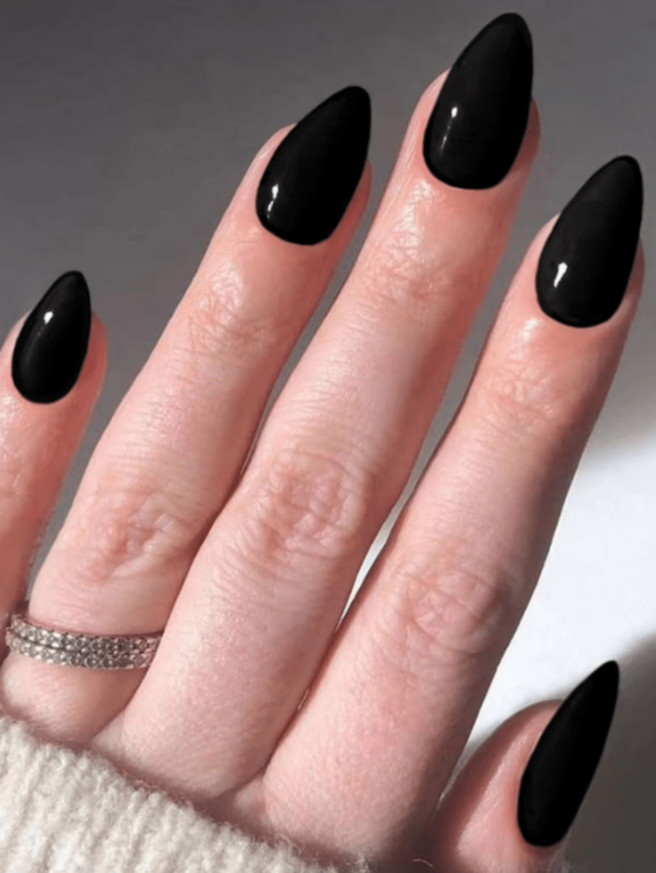 24pcs Long Almond Shaped Black Fake Nails Set, Perfect Fit, Medium Length Design, Suitable For Women And Girls Daily Work Wear, Press-On Nail Art Supplies