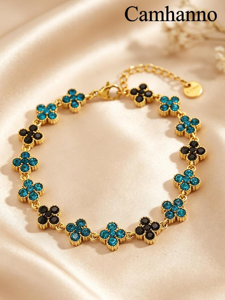 Camhanno 1pc European And American Luxury Style Stainless Steel 18K Gold Plated Four-Leaf Clover Rhinestone Bracelet, Multiple Color Rhinestones Available, Non-Fading, Delicate Fine Chain, Versatile For Commuting, Women's Jewelry Gift For Best Friend, Daily Accessory - Golden 8 - View 1