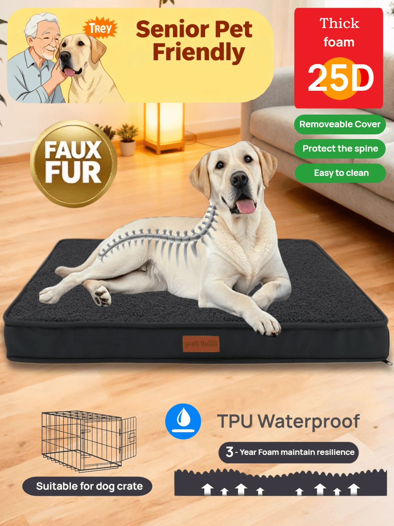 1 buah Kasur Hewan Peliharaan Isi Busa dengan Penutup Bulu Pendek yang Dapat Dilepas, Kasur Anjing Tahan Air Ortopedi, Cocok untuk Bagian Bawah Kandang, Cocok untuk Ras Anjing dan Kucing Besar, Ekstra Besar, Sedang, Kecil, Semua Musim
