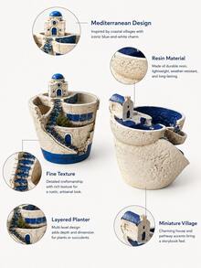 Santorini Blue Dome Cottage Micro Landscape Planter, Mediterranean Multi-Layer Stepped Simulated Town Succulent & Moss Terrarium Pot - A - View 4