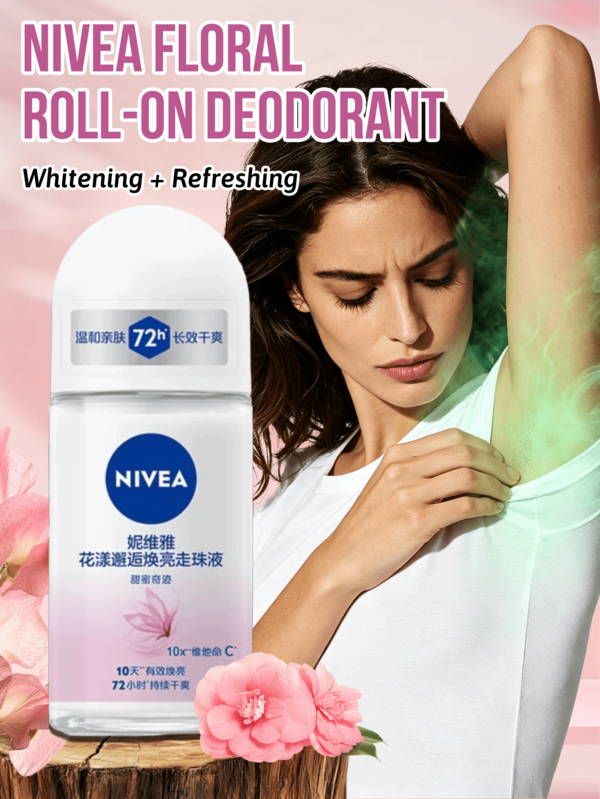NIVEA Çiçek Kokulu Roll-On Deodorant, Mucizevi Tatlı Koku, Vücut Kokusunu Etkili Şekilde Kontrol Eder, Uzun Süre Kalıcı Koku, Cilt Tonunu Aydınlatır, Çiçeksi Ton, Roll-On Tasarım, 50 ml Şişe, 72 Saat Koruma, (50 ml / 1.76 Fl Oz)