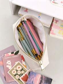 1/2 Set Solid Color Striped Multi-Function Large Capacity Stationery Pouch Student Pencil Case (Fuzzy Style) Back To School Stationery Pencil Bag - Apricot - View 4