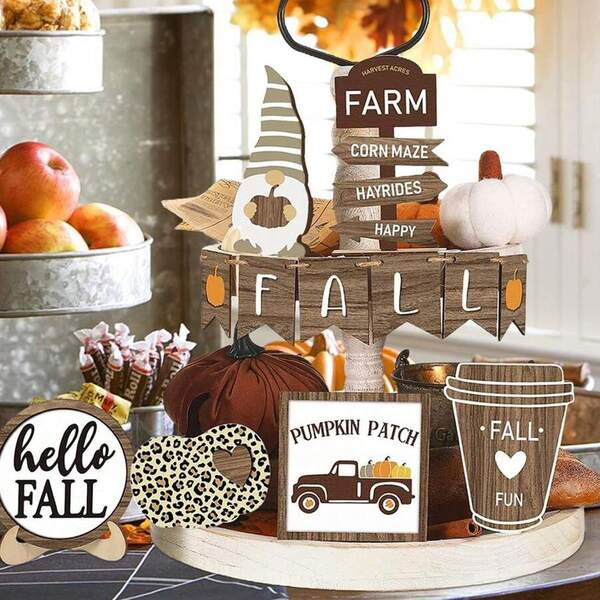 12 Pcs Fall Farmhouse Tiered Tray Decor Set Thanksgiving Pumpkin Gnome Truck Wood Sign Rustic Decor Autumn Pumpkin Tiered Tray Decorative Trays Signs For Home Kitchen Decorations(Excluding Pallets)