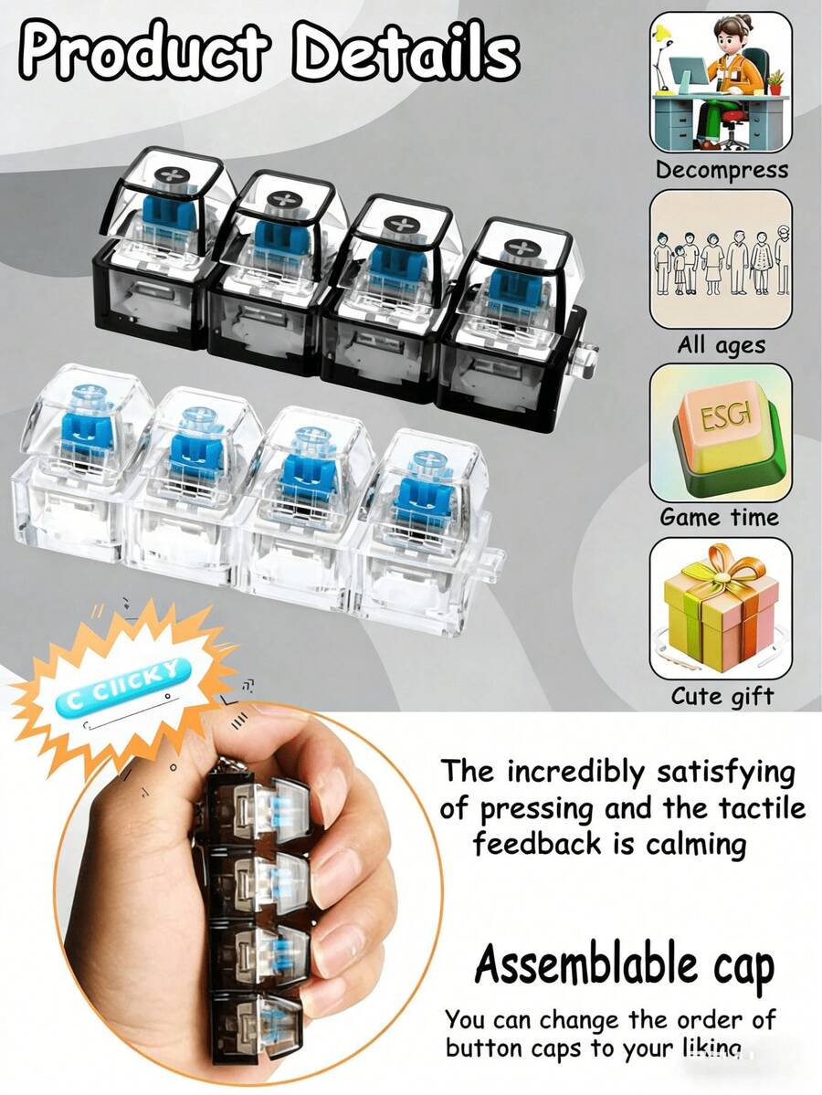 1pc Keyboard Key Shape Stress Relief Keychain, Adult Finger Pressing Decompression Pendant, Can Relieve Stress, Focus Attention, Relax Body And Mind; High Elasticity Durable Material, Repeated Kneading Without Deformation, Compact And Cute Design For Easy Play, Suitable For Office, Study, High-Quality Gift For Holidays, Christmas, Parties.