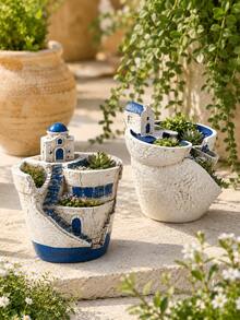 Santorini Blue Dome Cottage Micro Landscape Planter, Mediterranean Multi-Layer Stepped Simulated Town Succulent & Moss Terrarium Pot - A - View 6