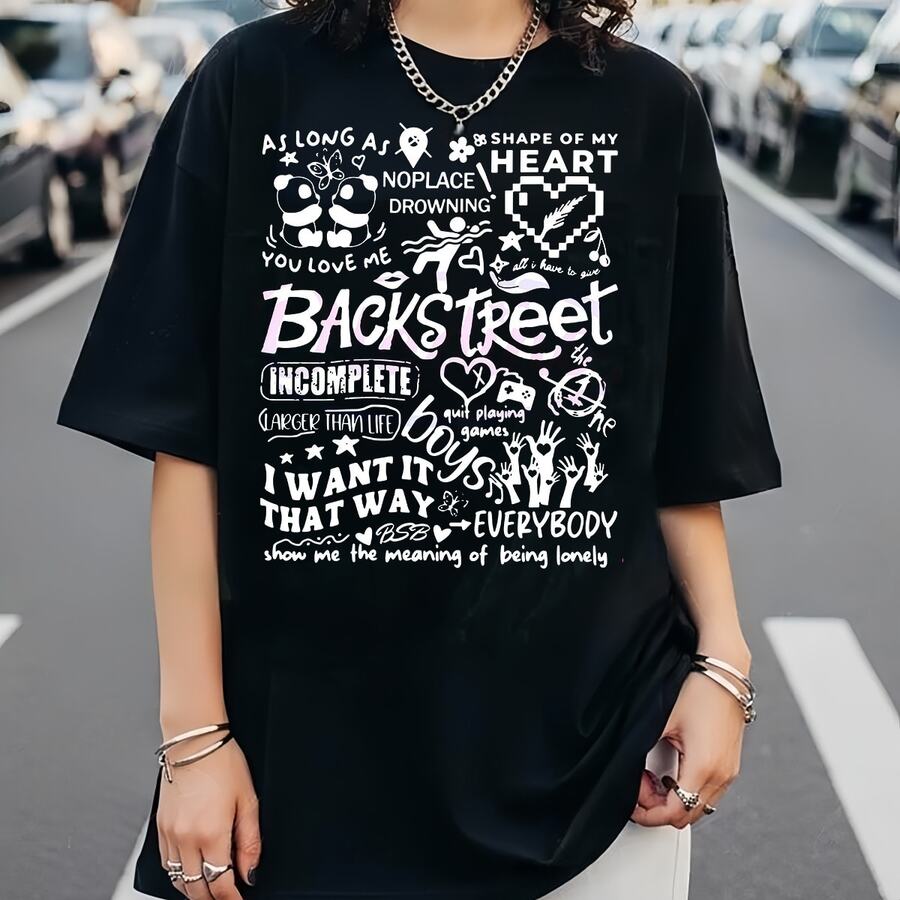 Camiseta de fan con diseño de letras de canciones de Backstreet Boyss, camiseta casual unisex de manga corta 100% algodón, top gráfico de banda pop retro - Negro - Ver 1