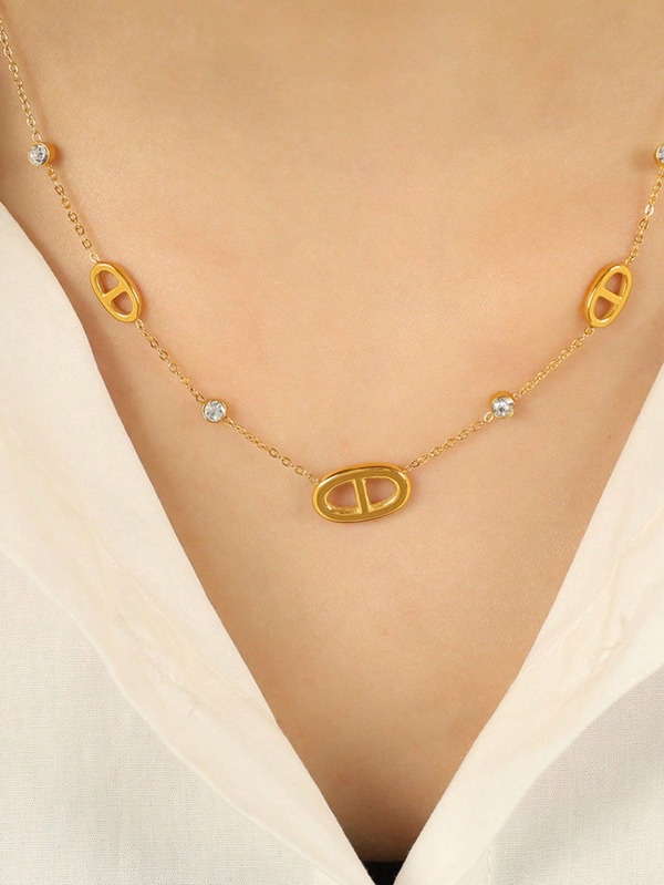 TONSI 1 pieza Collar de mujer de acero inoxidable minimalista de moda con baño de oro de 18k y circonita incrustada, patrón geométrico, colgante ovalado de sol de baja alergia versátil, cadena para la clavícula, adecuado para uso diario, ir al trabajo, vacaciones, fiestas, regalo para amigas, mejores amigas, familia, colegas