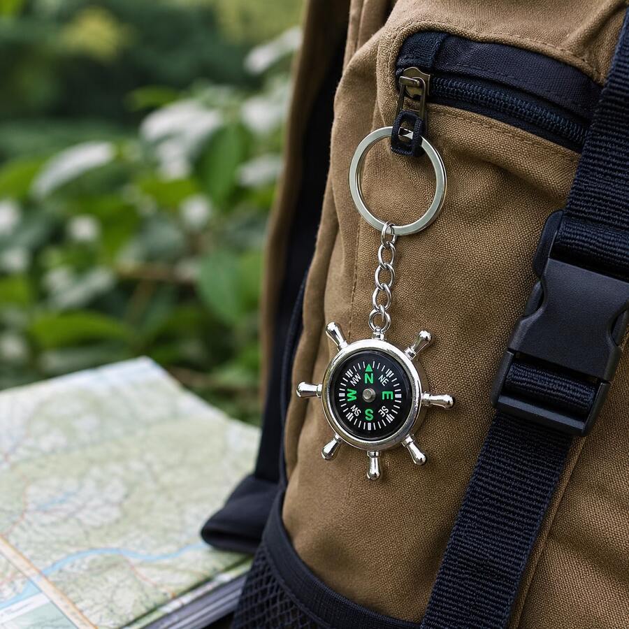 Nautical Ship Wheel & Compass Keychain, Silver Metal Texture Pendant, Bag Key Ring Book Decor Small Gift - A - View 1