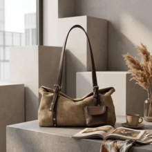 Nuevo bolso de hombro tipo almohada de ante retro para mujer, bolso tote bandolera de gran capacidad para el diario, textura suave y duradera con diseño ligero, múltiples bolsillos - blanquecino - Ver 2