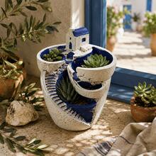 Santorini Blue Dome Cottage Micro Landscape Planter, Mediterranean Multi-Layer Stepped Simulated Town Succulent & Moss Terrarium Pot - A - View 12