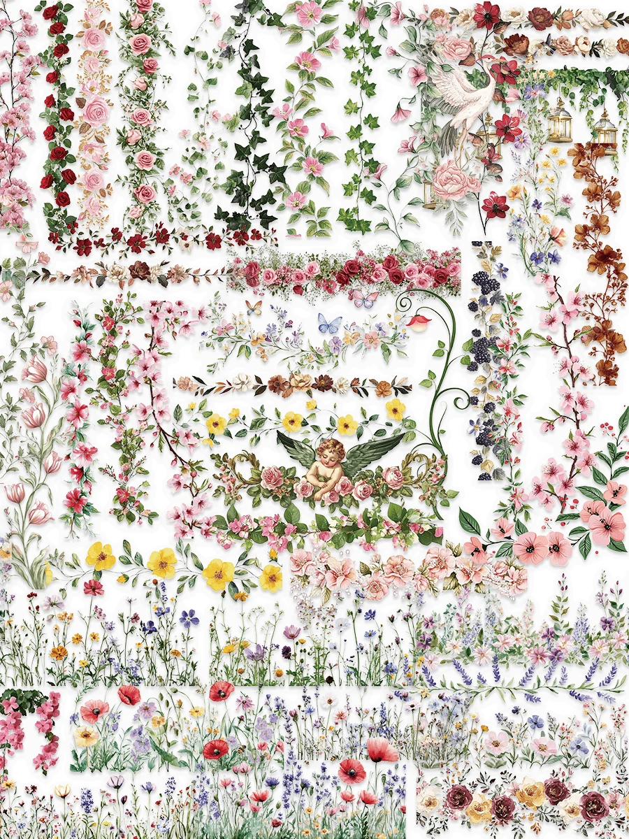 60pcs Floral Planner Border Stickers, Suitable For Laptop, Phone, Luggage, Guitar, Notebook, Water Bottle, Skateboard, Office, School Supplies