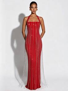 Elegante vestido largo rojo sin tirantes con cadena de strass para fiesta y boda de otoño - Rojo - Ver 1