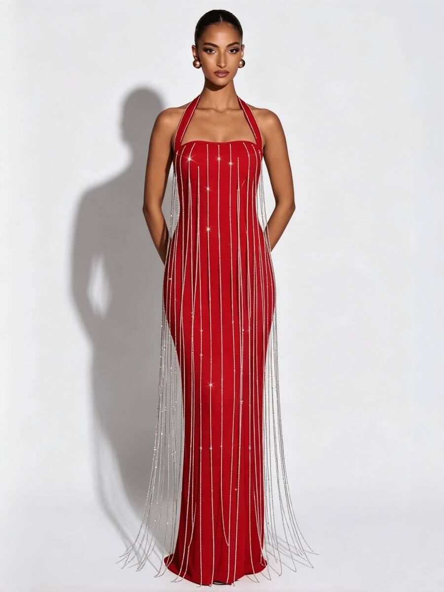 Elegante vestido largo rojo sin tirantes con cadena de strass para fiesta y boda de otoño - Rojo - Ver 1