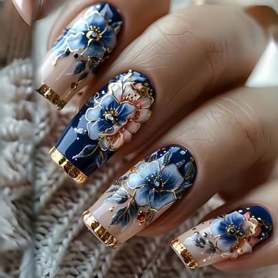 24Pcs Medium Ballet False Nails, Retro Blue & Gold 3D Flower Press On Nails, Palace Style Rhinestone Decor Nail Tips, Long Skin-Friendly Fake Nail Set
