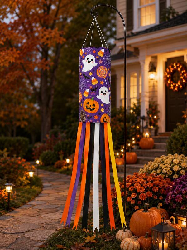 1 chiếc ống gió treo Halloween, dải ruy băng xoay tái sử dụng in hình ma, bí ngô, dơi, kẹo và mạng nhện, trang trí tiệc Trick Or Treat, dùng cho ngoài trời, trong nhà, vườn, sân, hiên và cửa