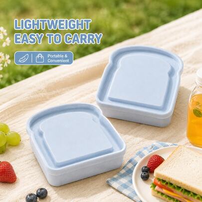 2pcs Sandwich Lunch Box, Cute Toast Shape Food Storage Container With Lid, Portable Plastic Sandwich Holder, Microwave & Dishwasher For Family Or Adults