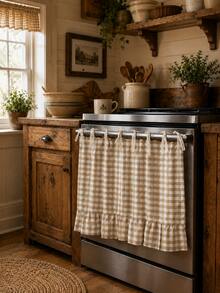 1pc Khaki & White Plaid Oven Curtain, 100% Polyester Yarn Dyed Fabric With Lace Tie Top And Ruffle Hem, Short Kitchen Tier Curtain, Oil-Resistant Decorative Cover, Suitable For Stove, Oven, Open Cabinet And Small Window, Farmhouse Home Decor (Rod Not Included) - Khaki - View 7