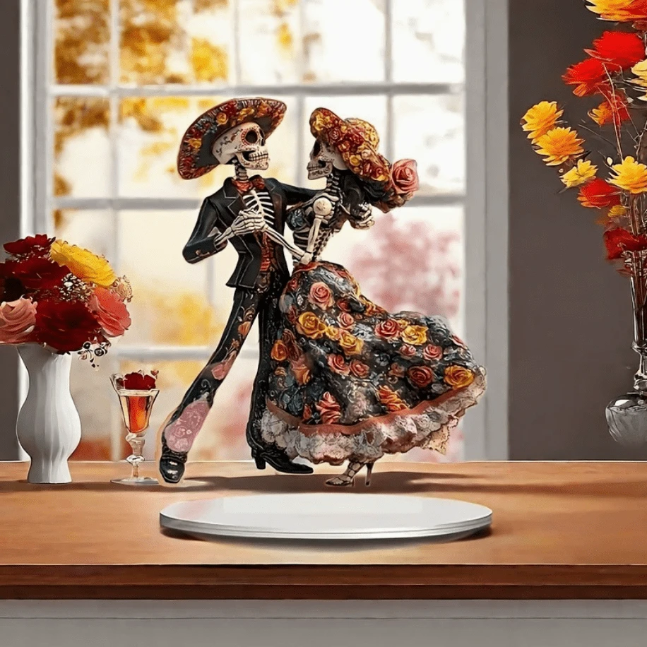 2D Flat Vintage Floral Dancing Skeleton Couple Desktop Decor, Day Of The Dead, Christmas, Holiday Atmosphere Desktop Ornament - A - View 1