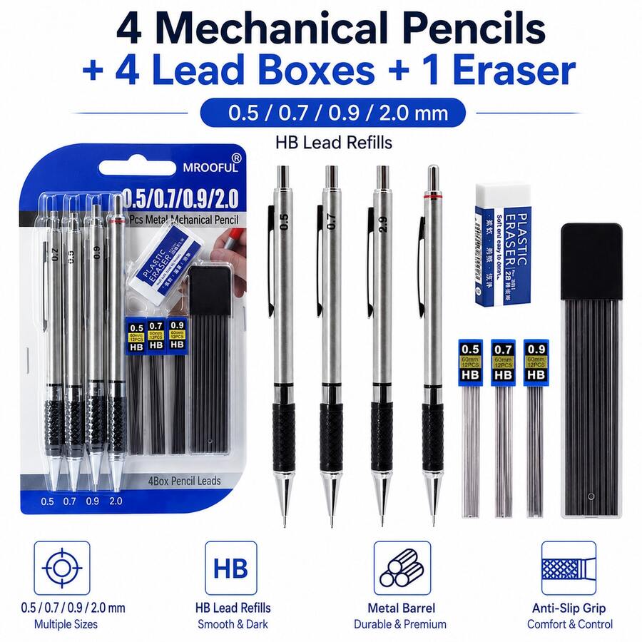 專業機械鉛筆套組，含 4 支金屬製製圖鉛筆，多尺寸 0.5/0.7/0.9/2.0mm 可替芯自動鉛筆套件，適用於學生、藝術家、工程師、設計師與辦公室使用