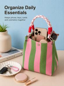 Space-Saving Storage & Organization, Vibrant Color Ergonomic Multi-Function Storage Bag, Durable Knitted Striped Tote Bag, Suitable For Fashion Enthusiasts, Convenient For Daily Use, Can Store Small Items And Desktop Accessories, Multi-Function Storage Bag - Multicolor - View 5