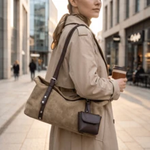 Nuevo bolso de hombro tipo almohada de ante retro para mujer, bolso tote bandolera de gran capacidad para el diario, textura suave y duradera con diseño ligero, múltiples bolsillos - blanquecino - Ver 3