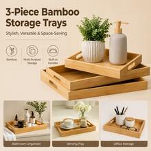 Rectangular Bamboo Serving Tray With Cutout Handles, Multi-Purpose Breakfast Food Storage Platter, Decorative Tabletop Organizer Tray For Drinks, Snacks, Table Decor, Suitable For Kitchen, Dining Table, Living Room And Coffee Table Use - Ginger - View 3