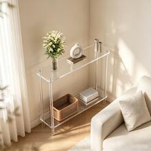 Double-Layer Acrylic Narrow-Edge Coffee Table, Modern Transparent Entryway Table, Suitable For Foyer, Living Room, Bedroom Beside Sofa, Cylindrical Leg Design, Slim Hallway Table, Artistic Side Table With Open Storage Space - Multicolor - View 2